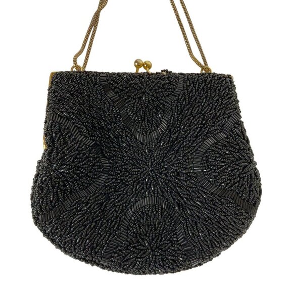 La Regale Vintage Black Beaded Evening Bag With Gold Chain Strap - Picture 3 of 7